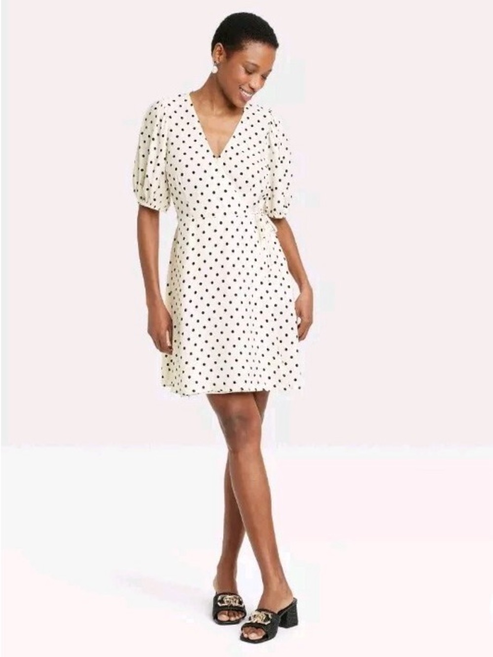 A new day Polka Dot V-Neck Puff Sleeve Dress in Ivory and Black wrap dress Sz M